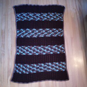 Handmade Crochet  Afghan / Lap Blanket Dark Brown, Tan, & Teal 35"x 56"